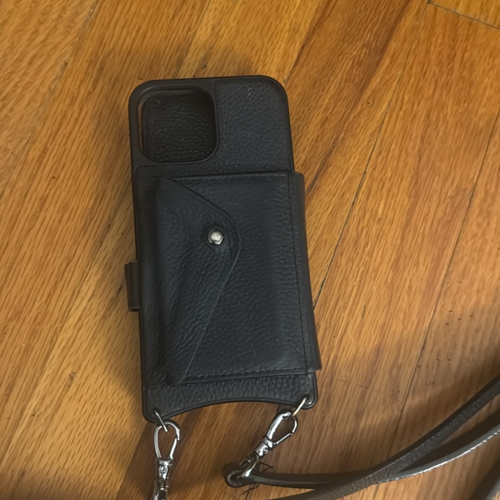Bandolier Black Leather Phone Crossbody with Silver-Tone Chain Strap - Picture 2 of 5
